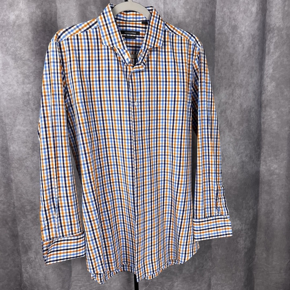 Indochino Shirt Mens Blue Orange Navy Check Long Sleeve  Button Down Large